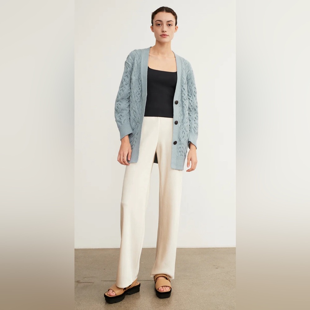 Vince - Aran Cable Cardigan in Light Sea Stone. Size 1x